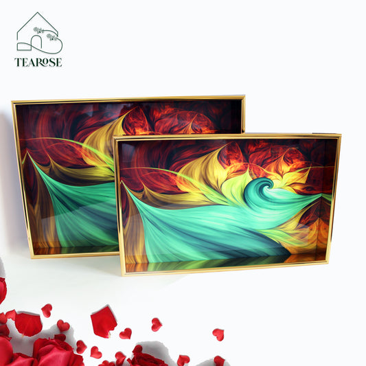 Jade Green Tray Set - Stunning Green Leaf Design | Set of 2 Metallic Glossy Trays