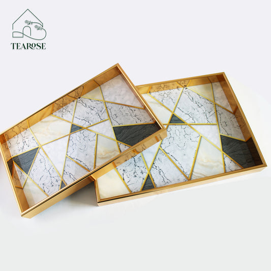 Rosita Tray Set - Elegant Glossy Marble Look | Set of 2 Metal Trays