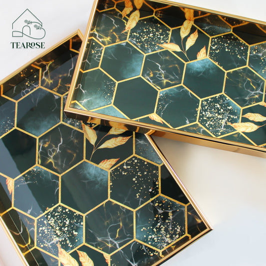 Ebony Tray Set - Sleek Glossy Black and Grey Design | Set of 2 Metallic Trays