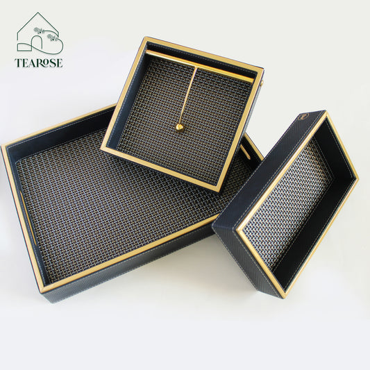 Pride Leatherette Set - Midnight Navy Blue & Brown | Tray, Tissue Holder, and Small Box Tray