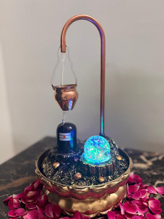 Decorative Shivling Water Fountain with Jal Dhara Copper Pot, Rotating LED Crystal Ball